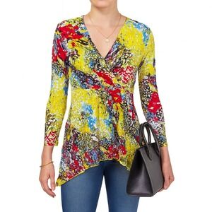 Alberto Makali Faux Wrap Surplice Top Womens M Abstract Print Crinkle‎ Designer